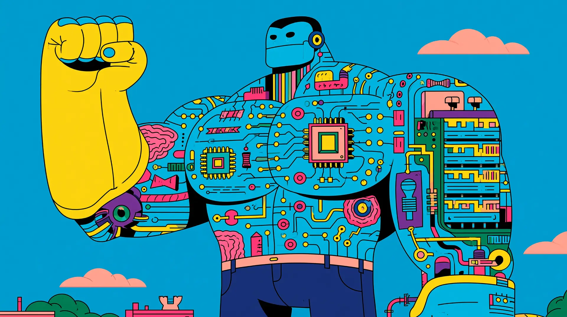 Illustration of a muscular robot made of circuit boards flexing its arm