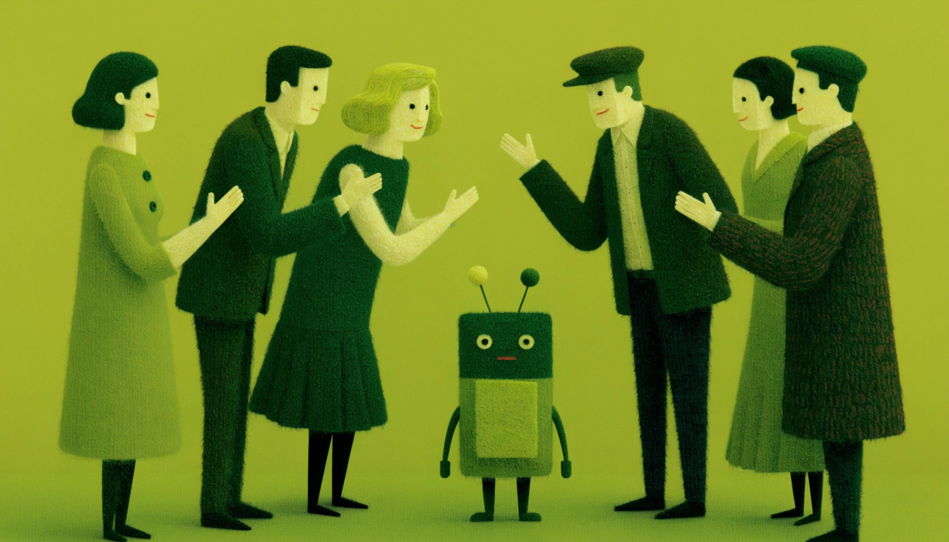 Illustration of a group of Irish people standing together with a small robot